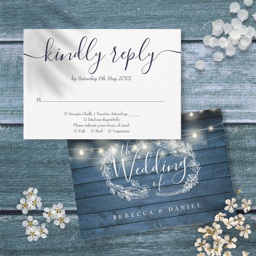 Blue Rustic Wood String Lights Floral Wedding RSVP Card
