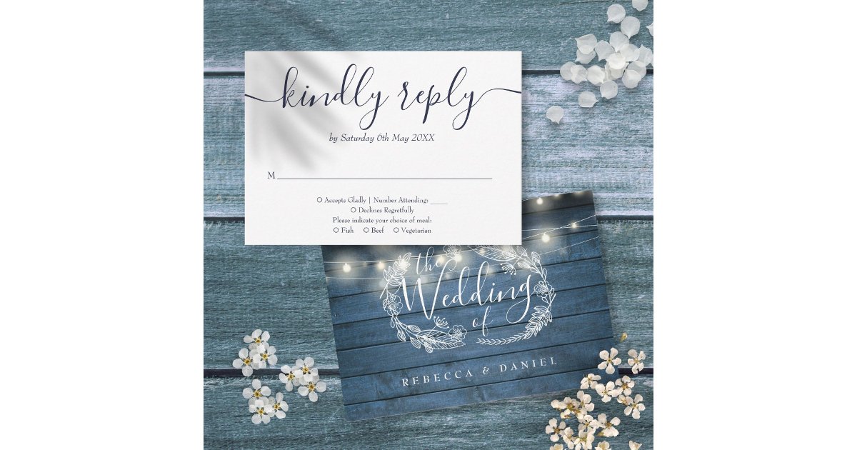 Blue Rustic Wood String Lights Floral Wedding RSVP Card | Zazzle