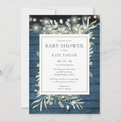 Blue Rustic Wood String Lights Foliage Baby Shower Invitation