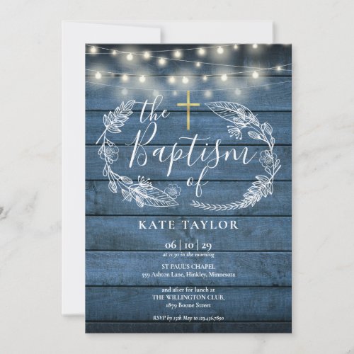 Blue Rustic Wood String Lights Foliage Baptism Invitation