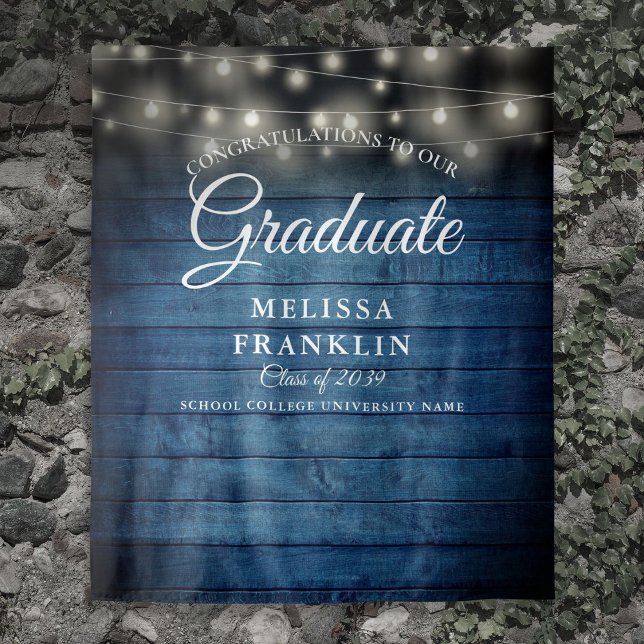 Blue Rustic Wood String Lights Graduation Backdrop (Blue Rustic Wood String Lights Graduation Backdrop)