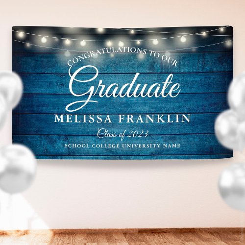 Blue Rustic Wood String Lights Graduation Banner