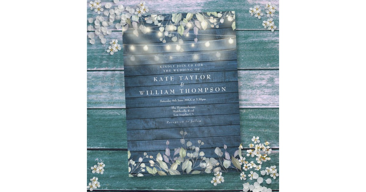 Blue Rustic Wood String Lights Greenery Wedding Invitation | Zazzle