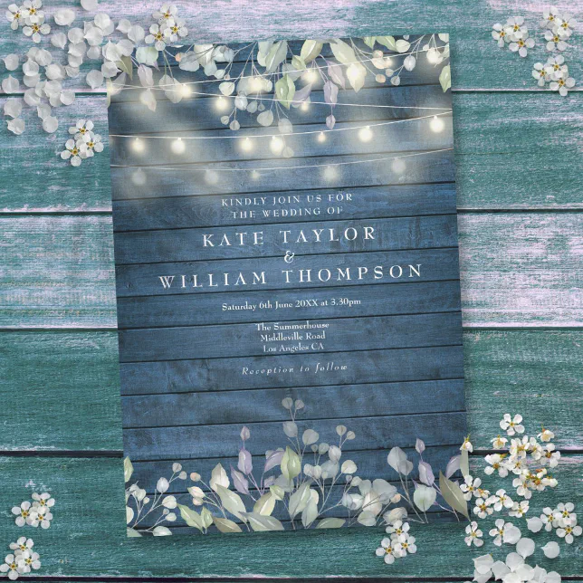 Blue Rustic Wood String Lights Greenery Wedding Invitation | Zazzle
