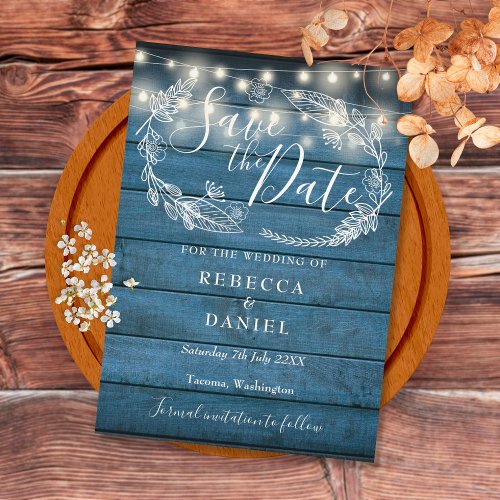 Blue Rustic Wood String Lights Hand_drawn Floral Save The Date