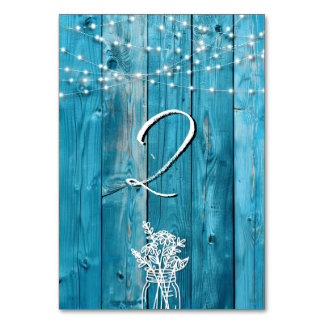 Blue Rustic Wood String Lights Mason Jar Elegant Table Number