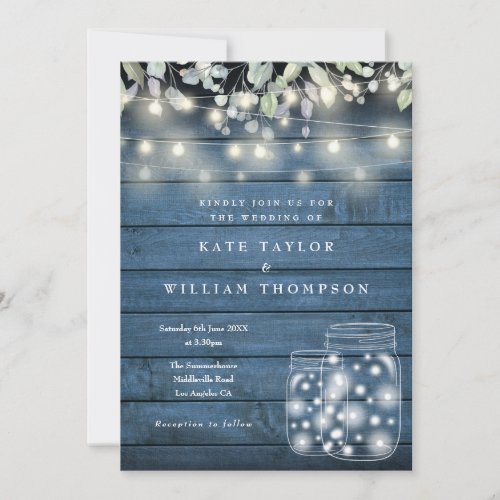 Blue Rustic Wood String Lights Mason Jar Wedding Invitation