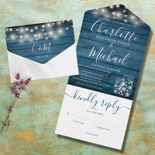 Blue Rustic Wood String Lights Mason Jars Wedding All In One Invitation