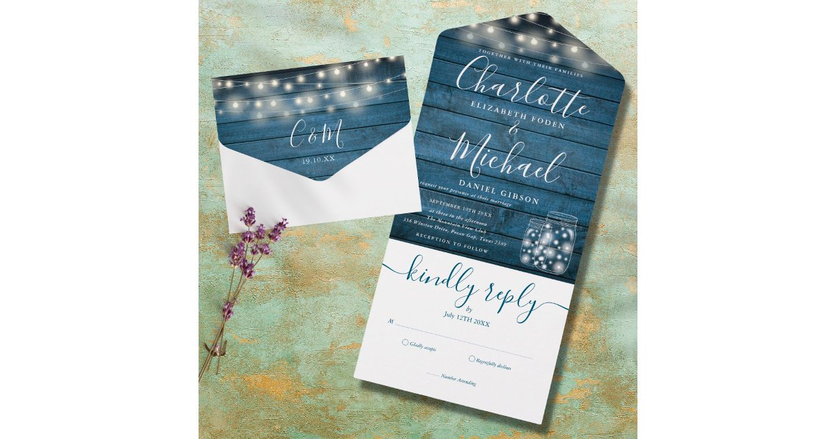 Blue Rustic Wood String Lights Mason Jars Wedding All In One Invitation ...