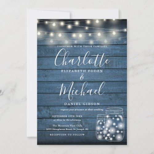 Blue Rustic Wood String Lights Mason Jars Wedding Invitation