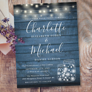 Blue Rustic Wood String Lights Mason Jars Wedding  Invitation Postcard
