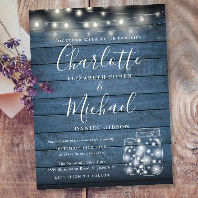 Blue Rustic Wood String Lights Mason Jars Wedding Invitation Postcard ...