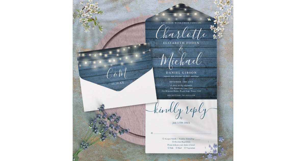Blue Rustic Wood String Lights Monogram Wedding All In One Invitation ...