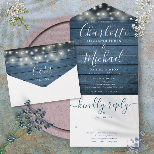 Blue Rustic Wood String Lights Monogram Wedding All In One Invitation ...