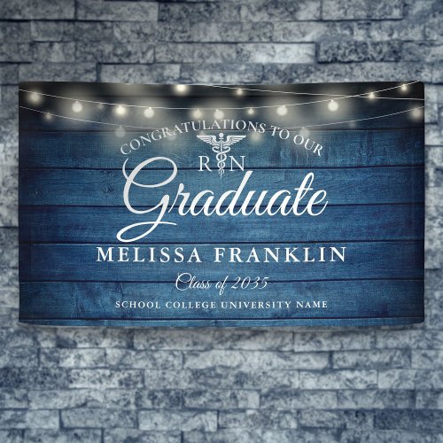 Blue Rustic Wood String Lights Nursing Graduation Banner