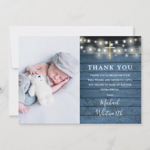 Blue Rustic Wood String Lights Photo Baptism Thank You Card