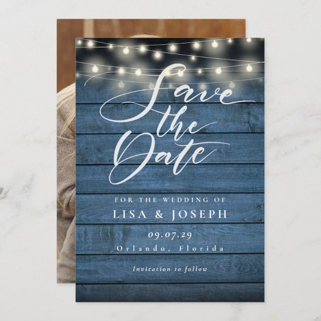 Blue Rustic Wood String Lights Photo Wedding Save The Date (Front/Back)