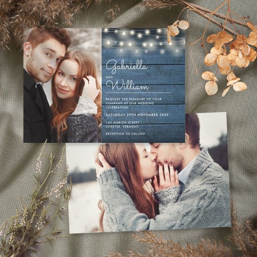 Blue Rustic Wood String Lights Photos Wedding Invitation