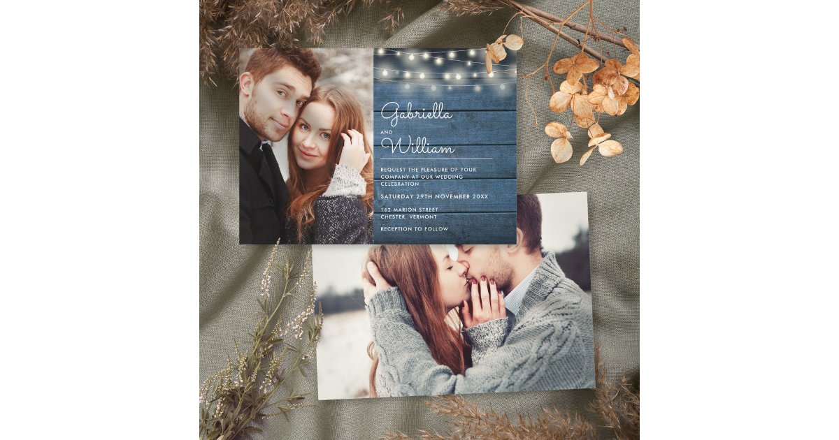 Blue Rustic Wood String Lights Photos Wedding Invitation | Zazzle