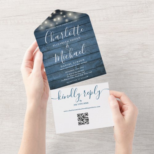 Blue Rustic Wood String Lights QR Code Wedding  All In One Invitation