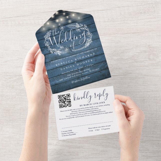 Blue Rustic Wood String Lights QR Code Wedding All In One Invitation (Tearaway)