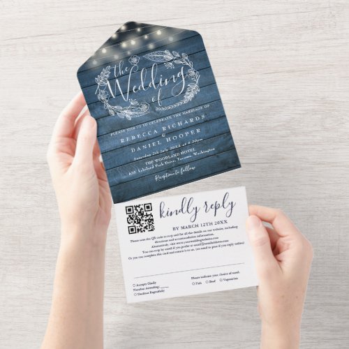Blue Rustic Wood String Lights QR Code Wedding All In One Invitation