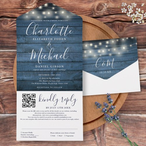 Blue Rustic Wood String Lights QR Code Wedding  All In One Invitation