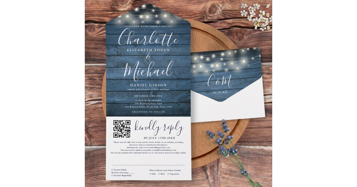 Blue Rustic Wood String Lights QR Code Wedding All In One Invitation ...