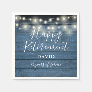 Blue Rustic Wood String Lights Retirement Party Napkins