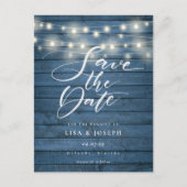 Blue Rustic Wood String Lights Save the Date Postcard (Front)
