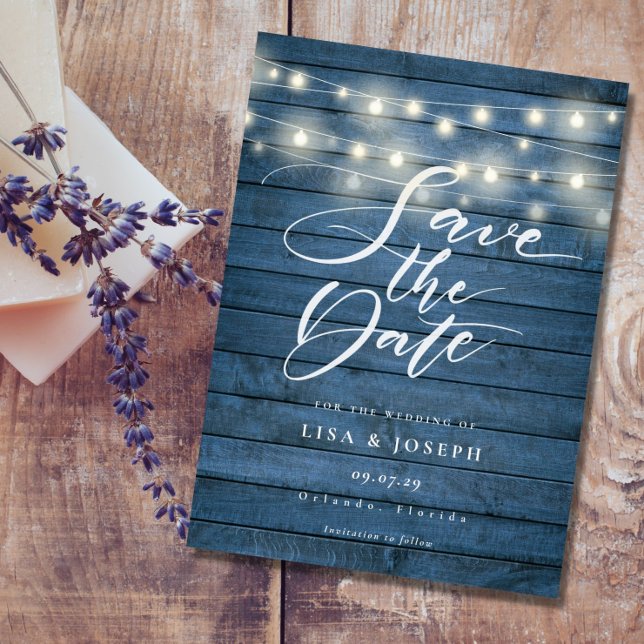Blue Rustic Wood String Lights Save the Date Postcard