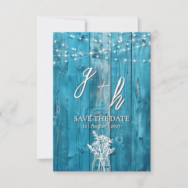 Blue Rustic Wood String Lights Save the Dates Date (Front)
