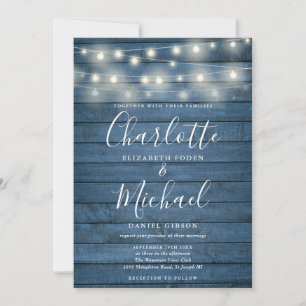 Blue Rustic Wood String Lights Script Wedding Invitation