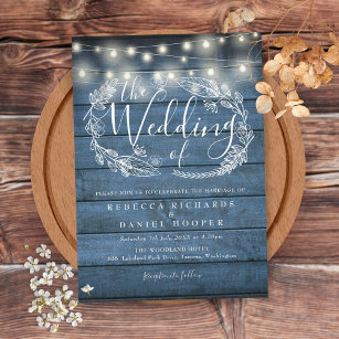 Blue Rustic Wood String Lights Script Wedding Invitation