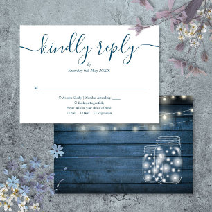Blue Rustic Wood String Lights Script Wedding RSVP Card