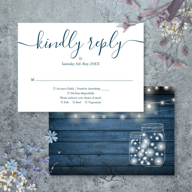 Blue Rustic Wood String Lights Script Wedding RSVP Card | Zazzle
