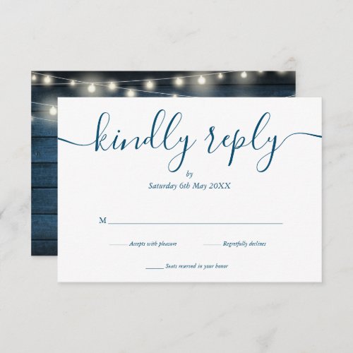 Blue Rustic Wood String Lights Script Wedding RSVP Card
