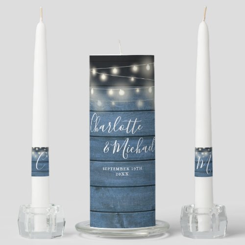 Blue Rustic Wood String Lights  Script Wedding Unity Candle Set
