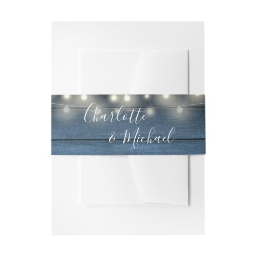 Blue Rustic Wood String Lights Signature Script Invitation Belly Band