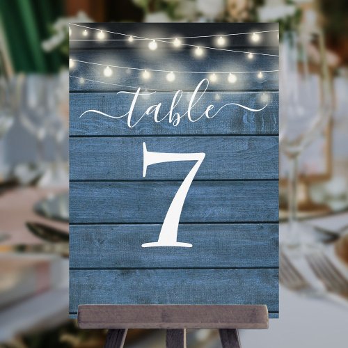 Blue Rustic Wood String Lights Table Number