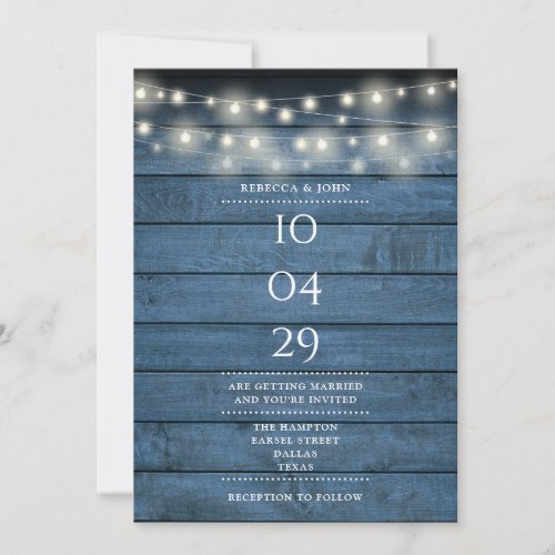 Blue Rustic Wood String Lights Wedding Date Invitation