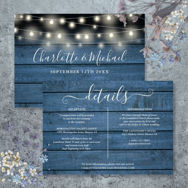 Blue Rustic Wood String Lights Wedding Details Invitation (Blue Rustic Wood String Lights Wedding Details Invitation)