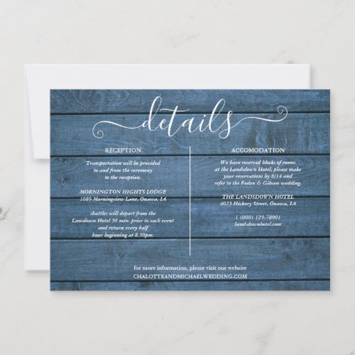 Blue Rustic Wood String Lights Wedding Details Invitation