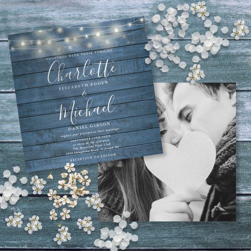 Blue Rustic Wood String Lights Wedding Photo Invitation