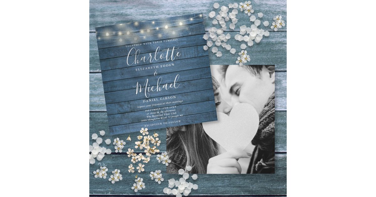 Blue Rustic Wood String Lights Wedding Photo Invitation | Zazzle
