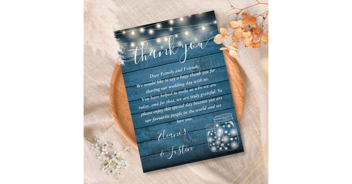 Blue Rustic Wood String Lights Wedding Thank You Place Card | Zazzle