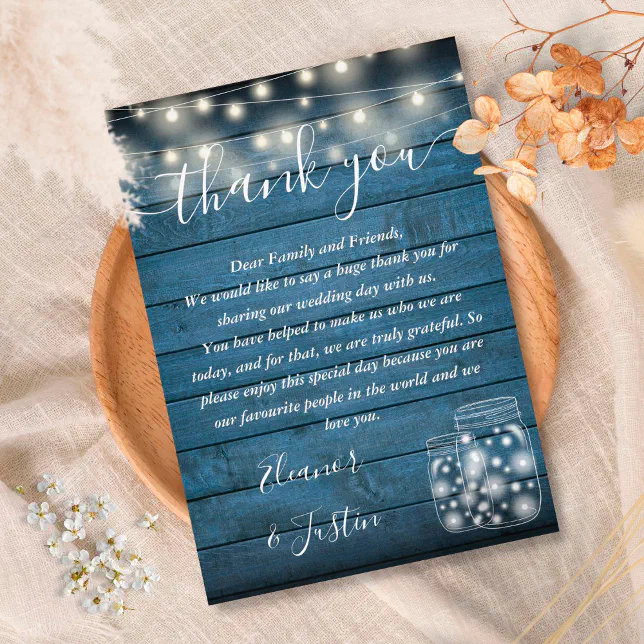 Blue Rustic Wood String Lights Wedding Thank You Place Card | Zazzle