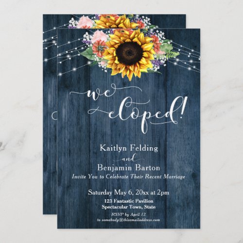 Blue Rustic Wood Sunflower Lights We Eloped Invitation