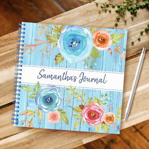 Blue rustic wood watercolor floral custom square notebook