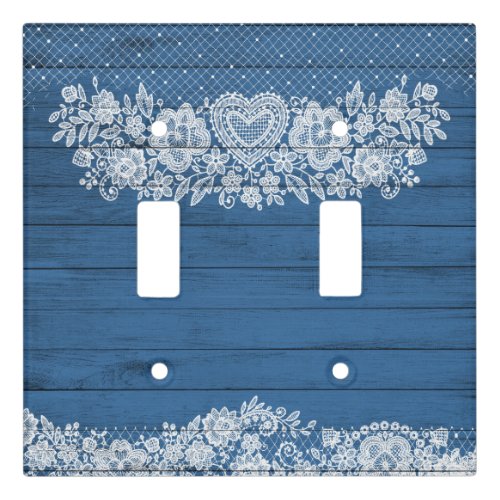 Blue Rustic Wood  White Lace Lacy Farmhouse Chic Light Switch Cover